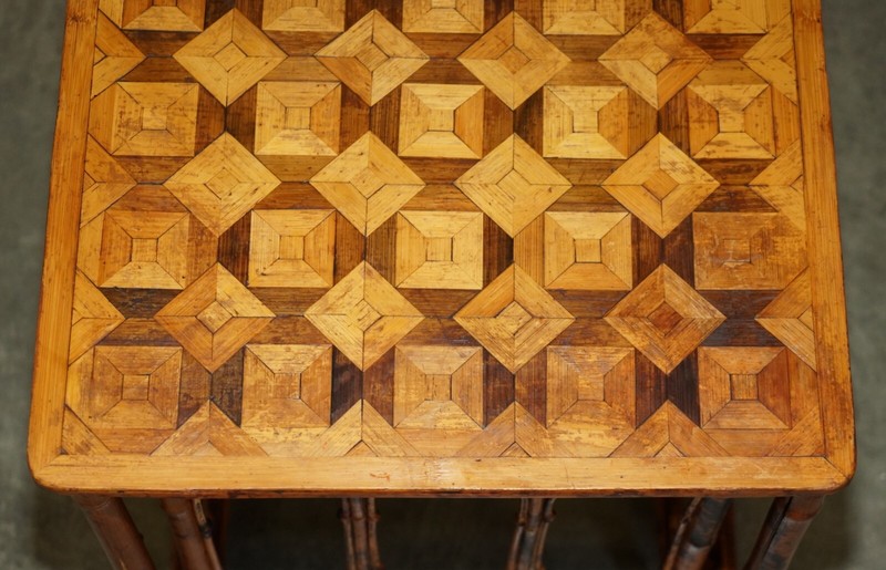 ORIGINAL VICTORIAN BAMBOO PARQUETRY NEST OF TWO TABLES LOVELY INLAID TOPS gallery