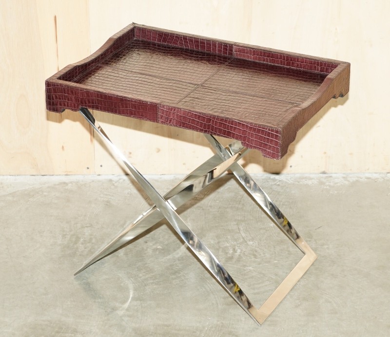 STUNNING VINTAGE CROCODILE ALLIGATOR PATINA LEATHER FOLDING CHROME TRAY TABLE gallery