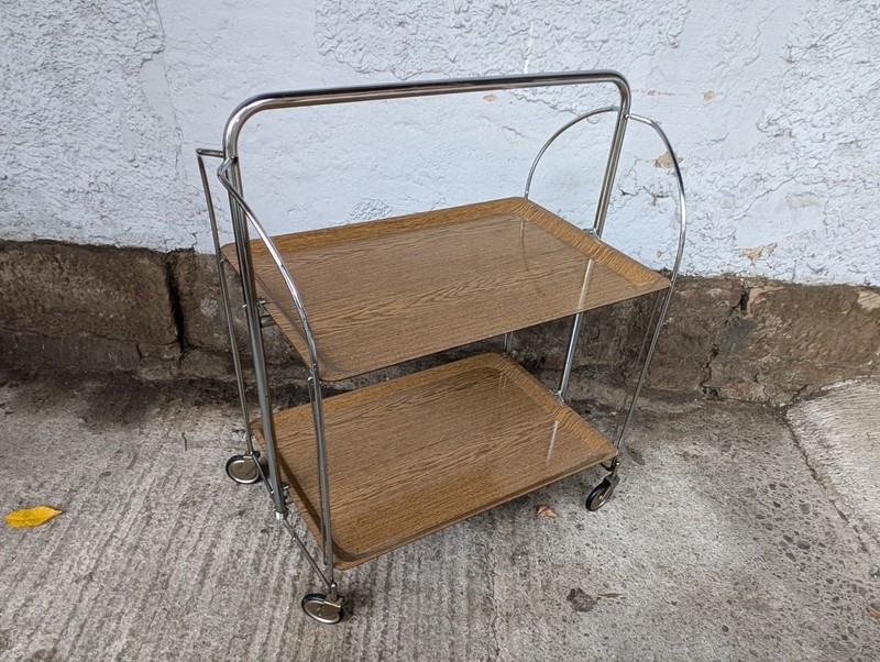 Dinet Serving Cart Tea Cart Table Side Table Bar Chrome 70s Oak 12 gallery