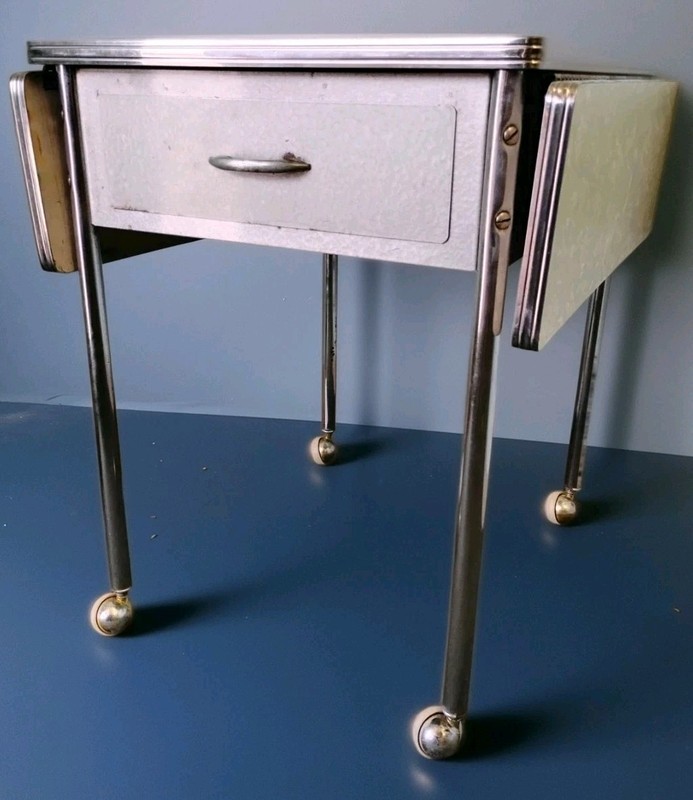 50’s Chrome & Cracked Ice Formica Drop Leaf Table Cart w/Drawer Wheels 27″T MCM