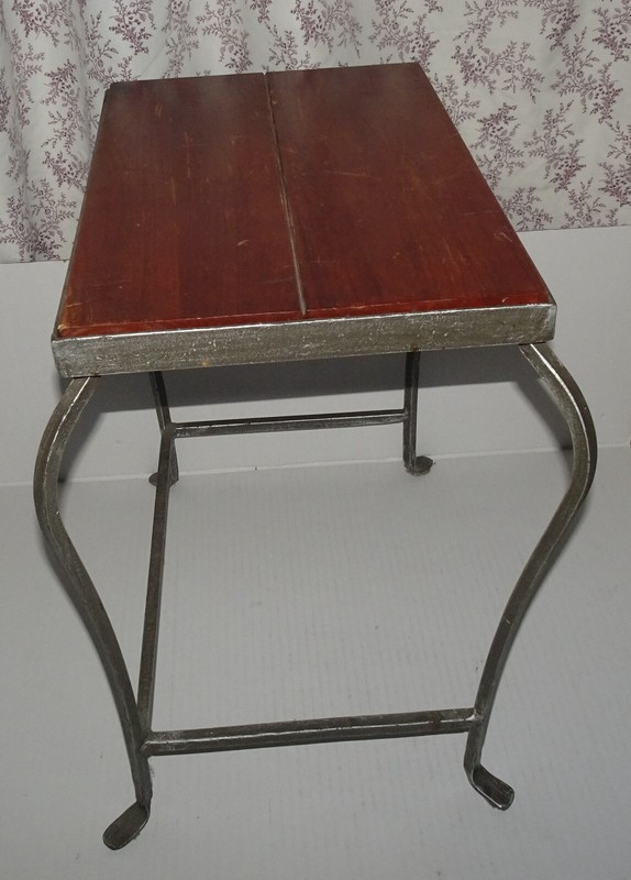 Vintage small side table with a Mahogany top and wrought iron Frame and legs gallery