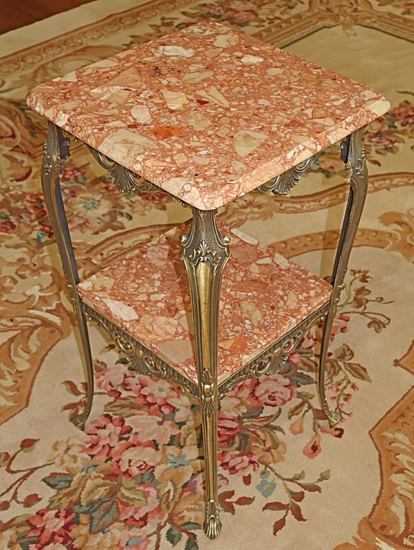 ​​Italian Square Bronze And Marble Two Tier End Table Pedestal Table gallery