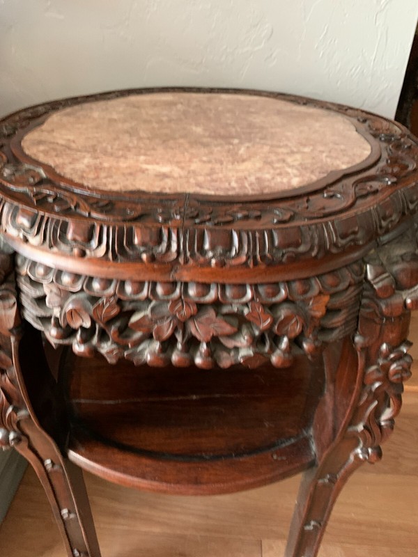 ANTIQUE ROUND TALL CARVED ROSEWOOD RED MARBLE TABLE WITH LOCAL PICK UP ONLY***** gallery