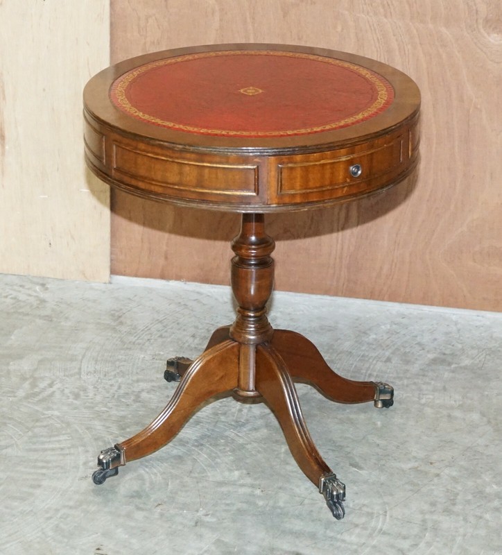 REGENCY STYLE MAHOGANY OXBLOOD LEATHER SIDE END LAMP WINE DRUM TABLE DRAWERS gallery