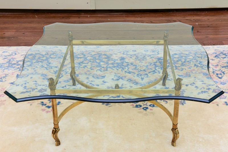Mid Century Hollywood Regency Brass And Beveled Glass Top Coffee Table
