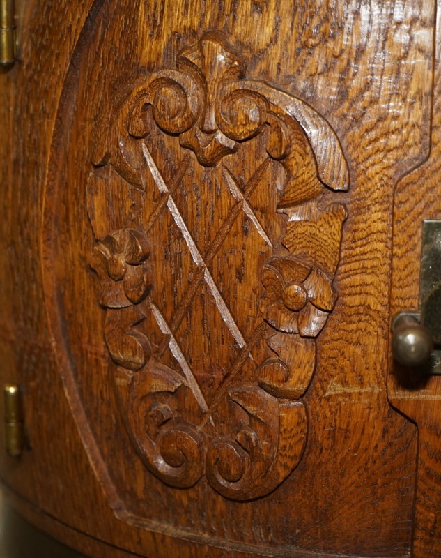 PAIR OF ANTIQUE CARVED SIDE TABLE SIZED BARRELS MADE INTO BARS / DRINKS HOLDERS gallery