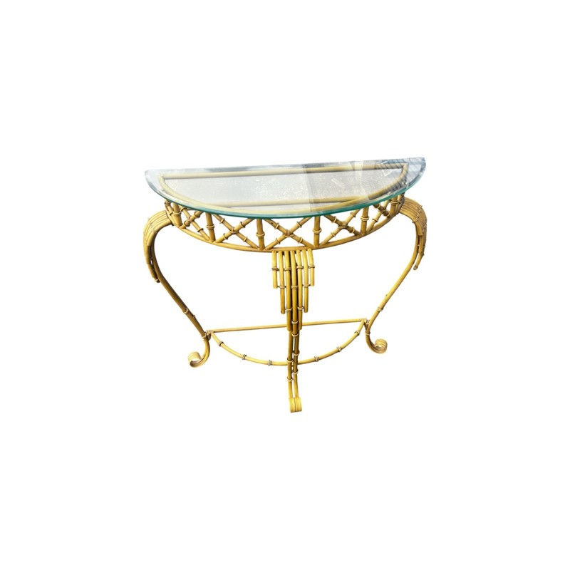 Hollywood Regency Faux Bamboo Demilune Entry Console Table with Mirror gallery