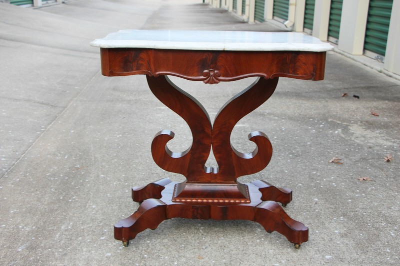 Fancy Classical Empire Flame Mahogany Marble Top Center Table with Wishbone Base gallery