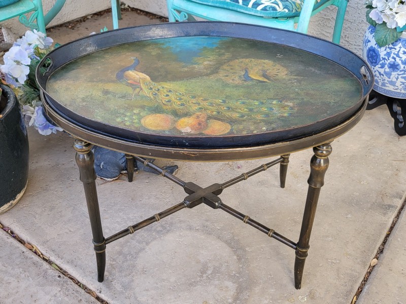 Napoleon lll Style Tole Tray Chinoiserie Butler's Table Peacocks Garden Scene
