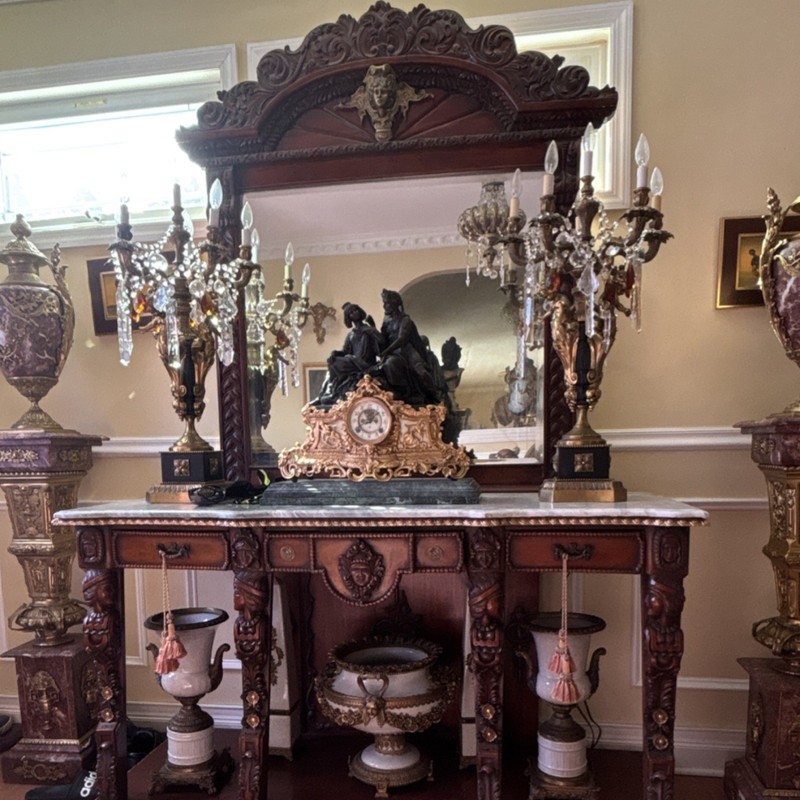 Victorian Antique Console Table Marble Top Ornate Carvings Mirror
