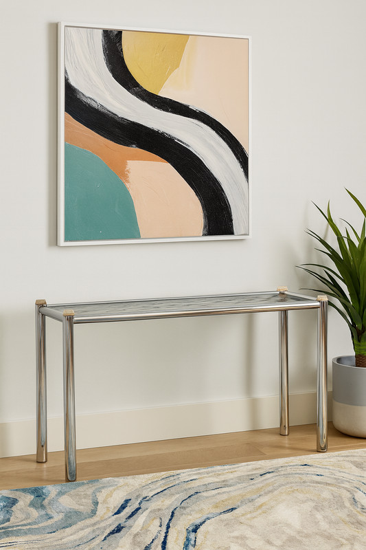 Mid Century MODERN Chrome + Smoked Glass CONSOLE TABLE, c. 1960’s