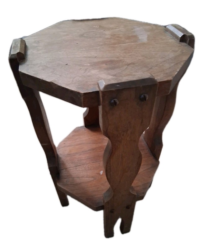 Mid Century Modern Antique Octagonal Two-Tier Wooden Plant Stand indoor.