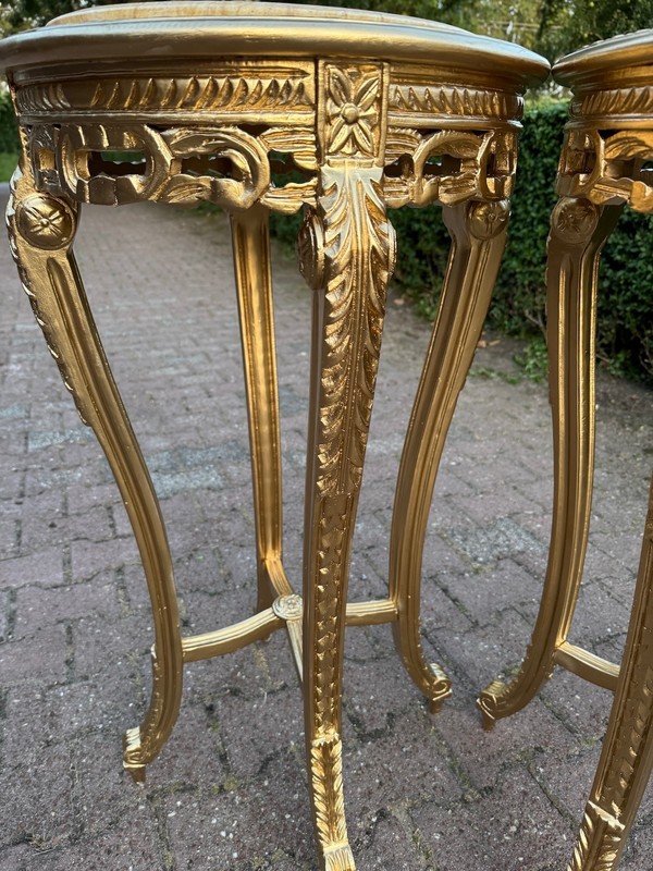 Side Table French Louis XVI 1970s Gold Gilt Beech Marble Round gallery