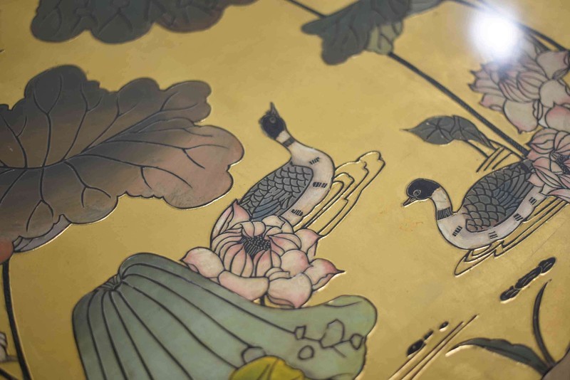 Mid Century Chinoiserie Gold Lotus & Birdlife Motif Coffee Table gallery