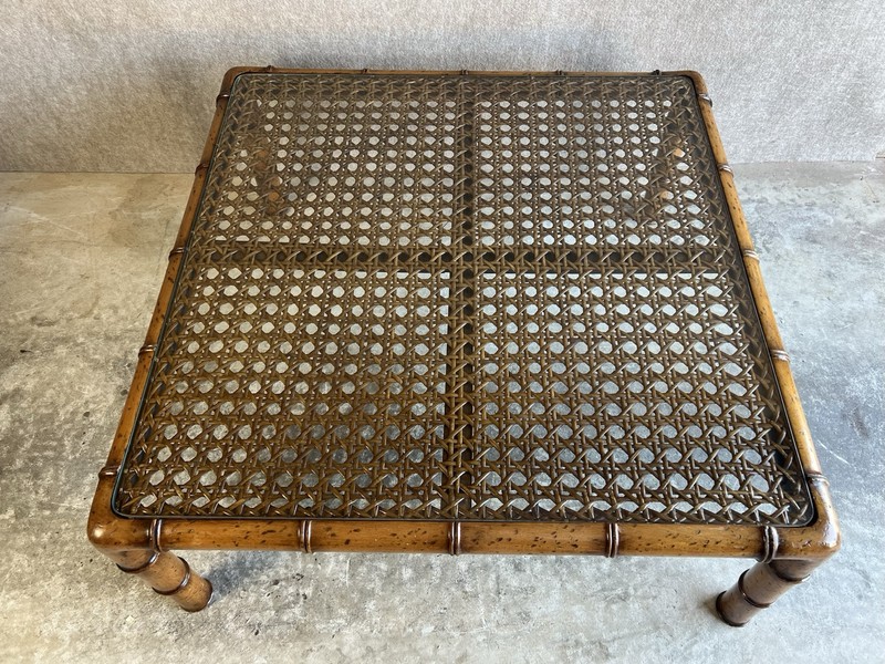 Large Square MCM Hollywood Regency Faux Bamboo Coffee Table w/ Cane & Glass Top gallery