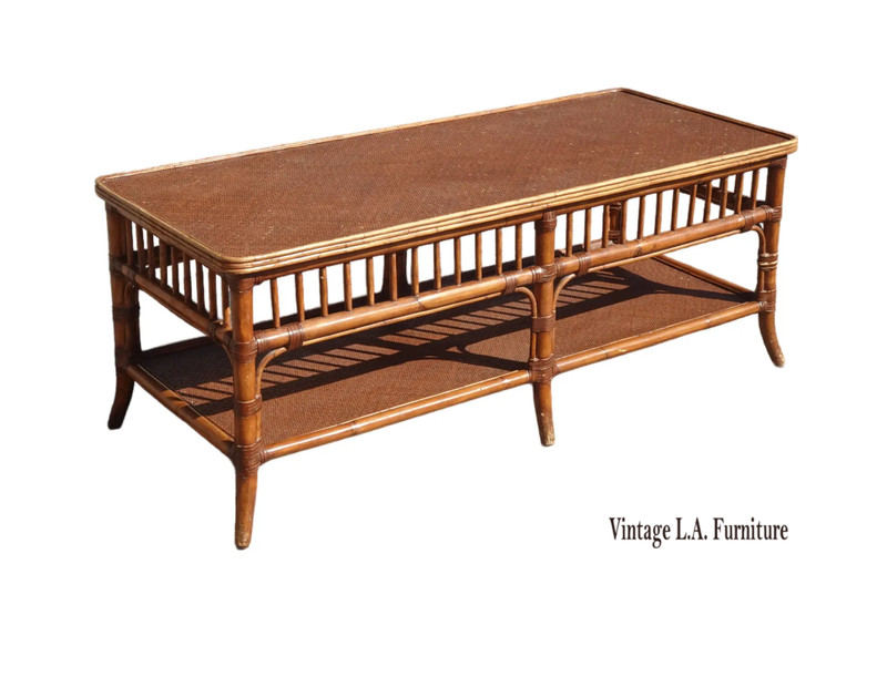 Coffee Table Ethan Allen ~ Coastal Rattan Brown Bamboo Cocktail Table