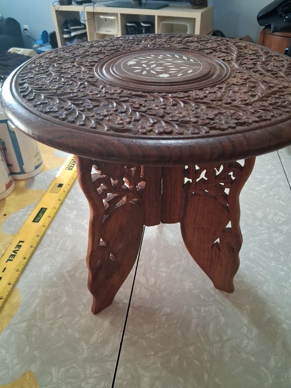 Vintage Hand Carved Ornate Accent Table Plant Stand With Folding Removable Base