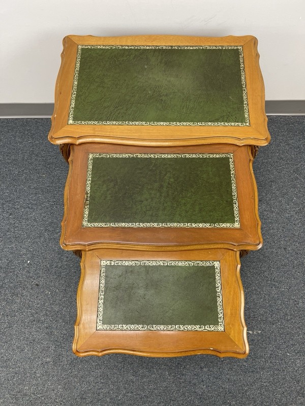 3 Nesting Elegant Rococo Side Tables England Green Leather Inlay Walnut Wood gallery