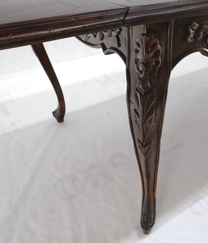 Large French Walnut Refectory Two Leaves Parquetry Carved Top Dining Room Table gallery