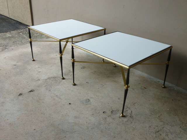 PAIR MID CENTURY FRENCH IRON & BRASS END TABLES W MILK GLASS TOPS MAISON JANSEN gallery