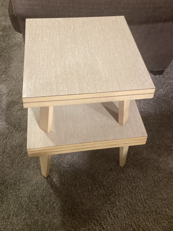 VINTAGE MID CENTURY MODERN BLONDE VENEER 2 TIER END TABLE 18” Square x 15” Top gallery