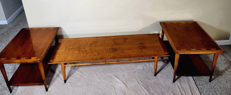 VINTAGE 3PC. DANISH MCM TABLE SET 2 LANE ACCLAIM END TABLE AND SURFBOARD COFFEE