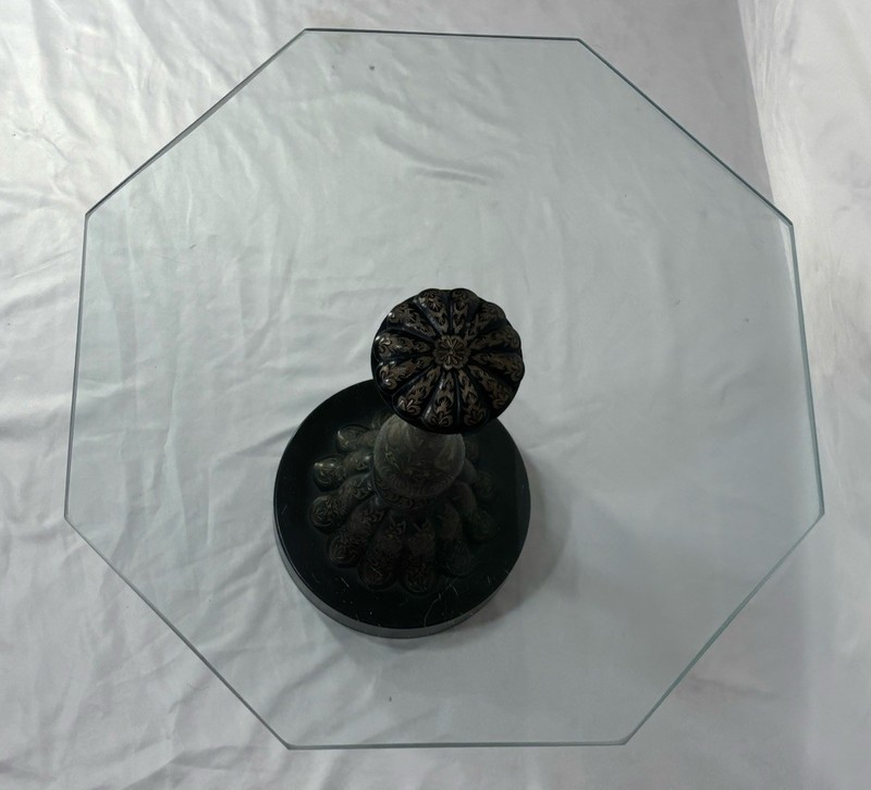 Vintage Mid Century Engraved Etched Blackened Brass Glass Top Side Table INDIA A gallery
