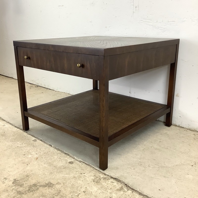 Mid-Century End Table with Drawer and Woven Shelf gallery