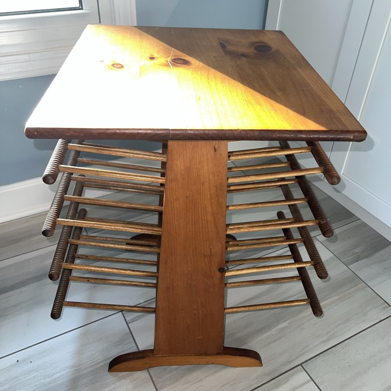 Vintage Farmhouse Pine Table Turned Spindle Magazine/Record Rack Holder