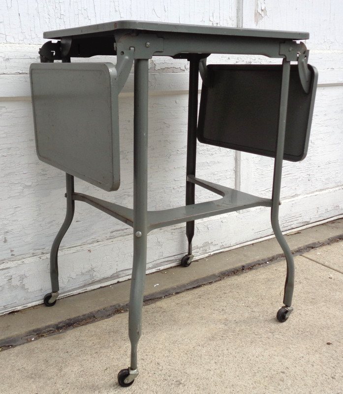 ✨Vtg MCM Industrial Steampunk Drop Leaf Gray Metal Rolling Typewriter Table gallery