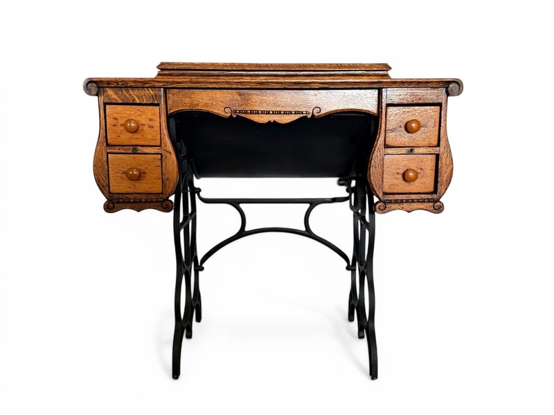 Antique Oak Storage Table with Foldout Top, Inside Compartment and 5 Drawers gallery