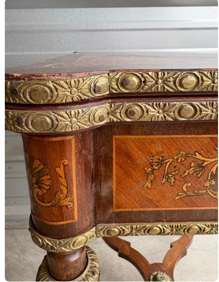 19th-Century French Louis XVI-Style Marquetry Game Table with Brass Ormolu Trim gallery