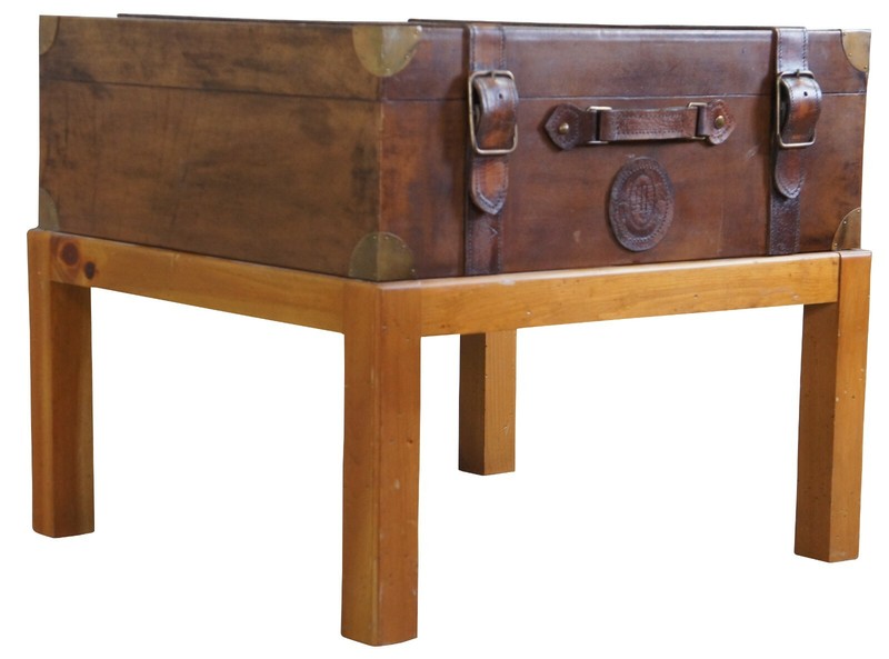 1994 Leather Steamer Trunk Coffee Side Table on Pine Stand Side Accent 25" gallery