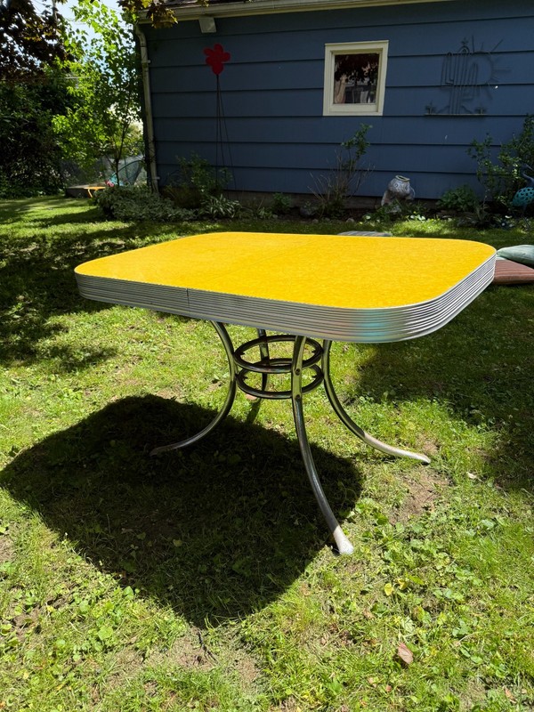 1950s MCM vintage yellow Formica dining kitchen table with chrome pedestal base