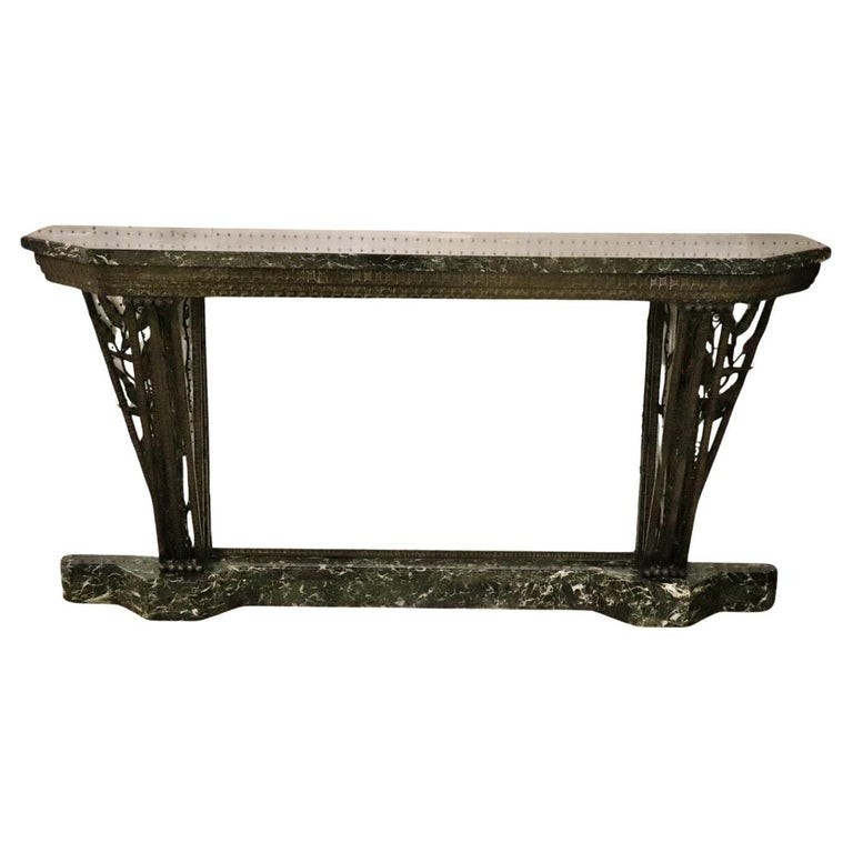 Edgar Brandt Attributed Wrought Iron Verdi Marble Top and Base Console Table