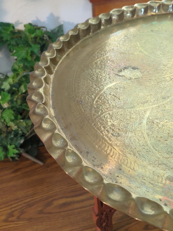 Vtg Side Coffee Table Brass Carved Wood MCM Large Round Asian Folding Base gallery
