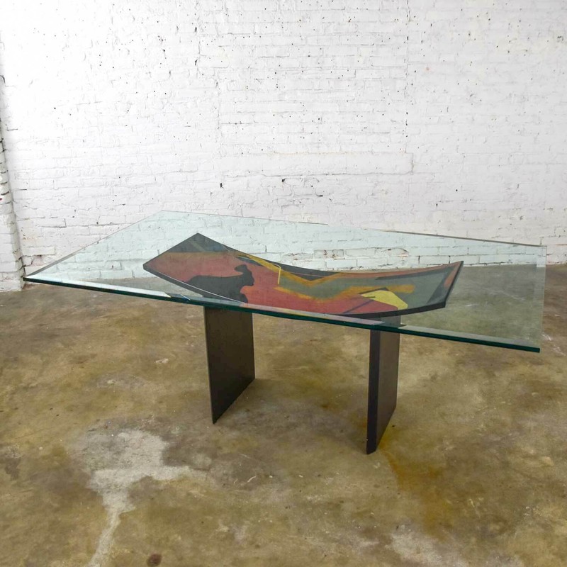 Italian Dining Table by Pietro Costantini Black Lacquer & Geometric Inlay gallery