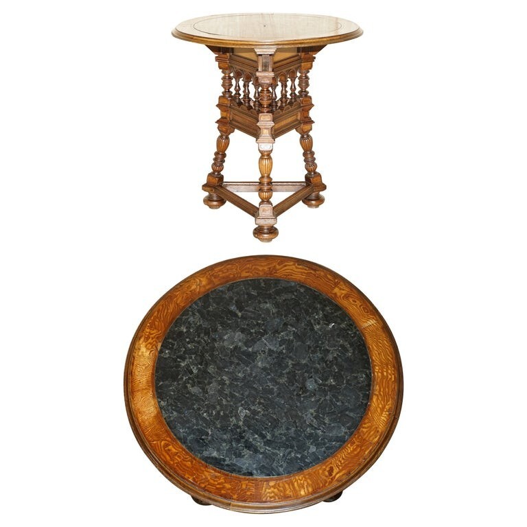 ANTIQUE VICTORIAN AESTHETIC MOVEMENT CARVED OAK ELM & MARBLE OCCASIONAL TABLE