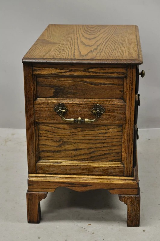 Vintage English Colonial Oak Wood Small Campaign Chest Nightstand Side Table gallery