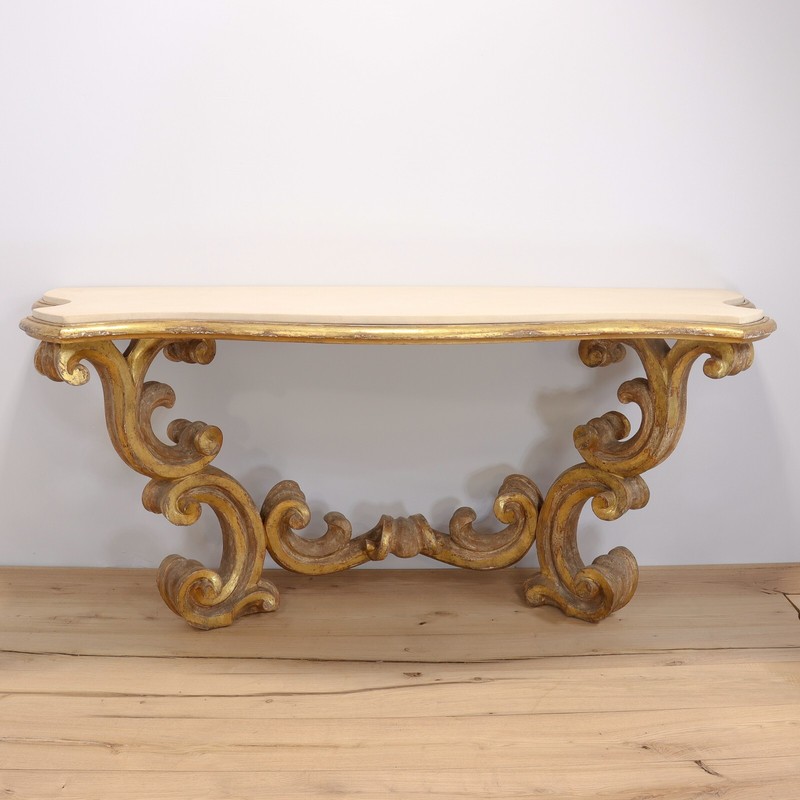 Gessoed & Gilt Rococo / Louis XV Style Demilune Console Table with Limestone
