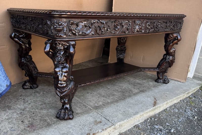 R. J. HORNER CARVED OAK ATLAS LIBRARY TABLE gallery