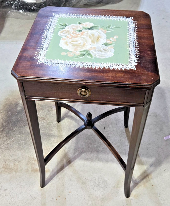 Antique Grand Rapids Imperial Side Table-with drawer- Hand Painted Floral on top gallery
