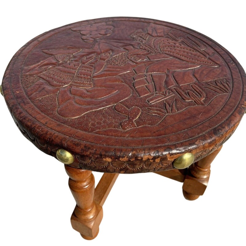Peruvian Hand Tooled Punched Leather South American Wooden Stool Vintage