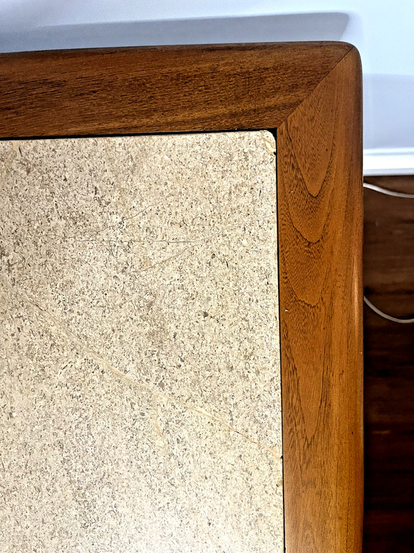 Lane Perception entrytable/sofa table MCM-walnut and travertine. Rare piece gallery