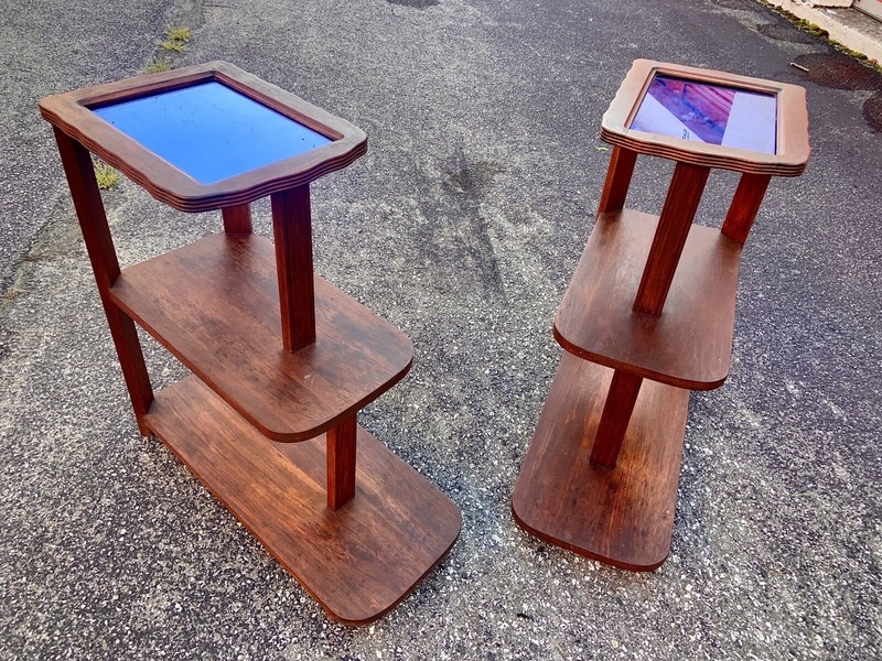 2 Art Deco Brown side End tables COBALT BLUE MIRROR Gorgeous Trim Patina