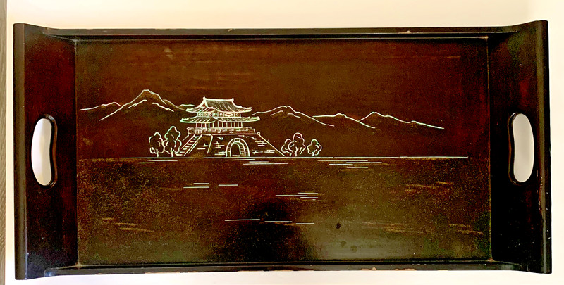 Vintage Black Lacquer Wood Craggy Mountains Serving Tea Tray Table Japan 25″