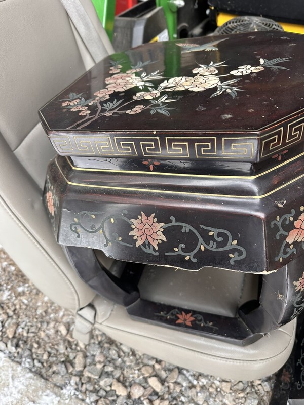 Early 20th Century Asian Chinoiserie Black Lacquer Carved Side Table Set gallery