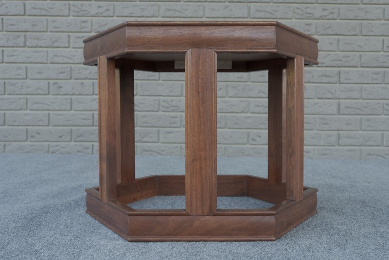 Mid Century Modern John Keal for Brown Saltman Walnut & Glass Hexagon End Table gallery