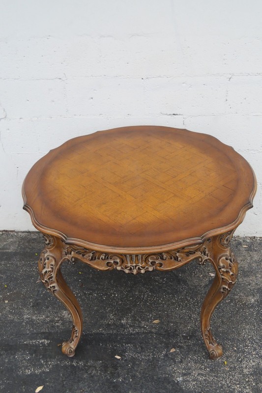 French Heavy Carved Parquet Inlay Round Side Center Table 3524