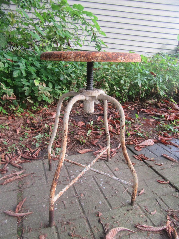 Vintage Antique Industrial Metal Adjustable Old White Paint Stool